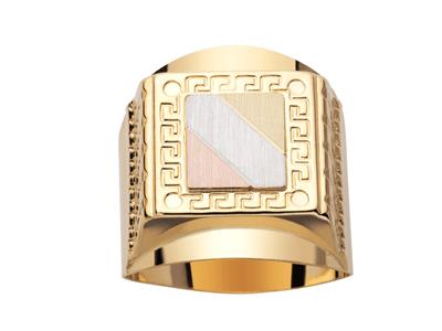 Quadratischer Ring, Mitte 3 Ors, Motivkanten 24 Mm, Gelbgold 18k, Finger 66