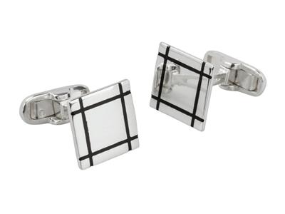 Manschettenknopf Aus Sterlingsilber, Quadratisch, Linienmuster, Emaille - Schwarz