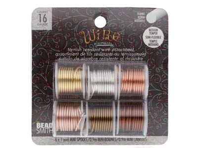 Wire Elements, 16 Gauge, Pk 6 Assorted Colours, Tarnish Resistant, Med Temper, 1yd/0.91m - Standard Bild - 1