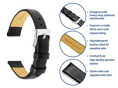 Uhrenarmband Aus Schwarzem Kalbsleder, 12 MM - Standard Bild - 4