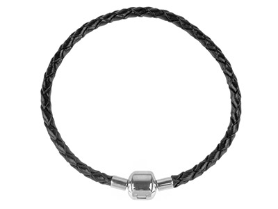 Schwarzes Geflochtenes Lederarmbandfür Perlen, 3,60 Mm, 925er Silbers Chliee, 19cm