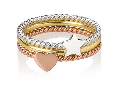 Ring Mit 3 Ringen, Herz Und Stern, 925er Silber 3 Farben, Ringgröe 54