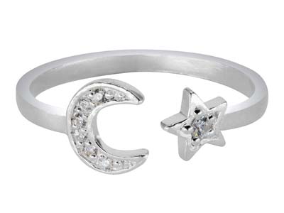 Verstellbarer Ring, Stern- Und Mondmotiv Mit Zirkonia, Silber 925
